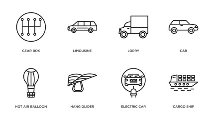 transportation outline icons set. thin line icons such as gear box, limousine, lorry, car, hot air balloon, hang glider, electric car, cargo ship vector.
