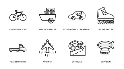 transportation outline icons set. thin line icons such as vintage bicycle, paddlewheeler, eco-friendly transport, inline skates, flatbed lorry, airliner, off road, zeppelin vector. © IconArt