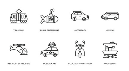 transportation outline icons set. thin line icons such as tramway, small submarine, hatchback, minivan, helicopter profile, police car, scooter front view, houseboat vector.