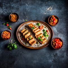 Grilled tempeh with tomatoes on a wooden plate. Generative AI