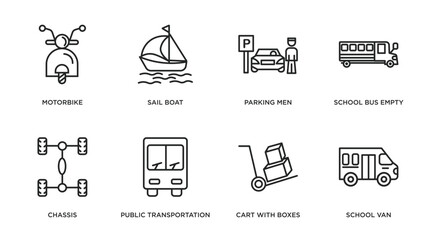 transport outline icons set. thin line icons such as motorbike, sail boat, parking men, school bus empty, chassis, public transportation, cart with boxes, school van vector.