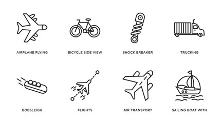 transport outline icons set. thin line icons such as airplane flying, bicycle side view, shock breaker, trucking, bobsleigh, flights, air transport, sailing boat with veils vector.