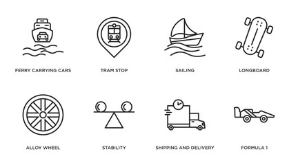transport outline icons set. thin line icons such as ferry carrying cars, tram stop, sailing, longboard, alloy wheel, stability, shipping and delivery, formula 1 vector.