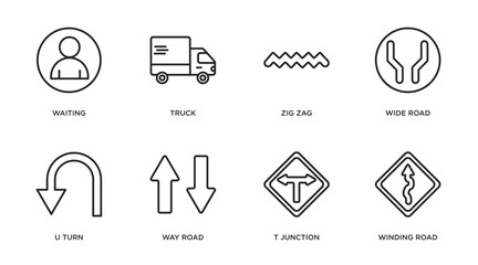 traffic signs outline icons set. thin line icons such as waiting, truck, zig zag, wide road, u turn, way road, t junction, winding road vector.