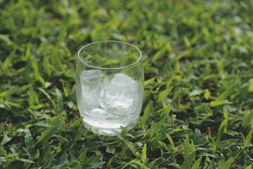a glass of water with ice on nature background...
