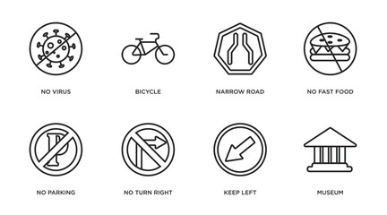 traffic signs outline icons set. thin line icons such as no virus, bicycle, narrow road, no fast food, no parking, turn right, keep left, museum vector.