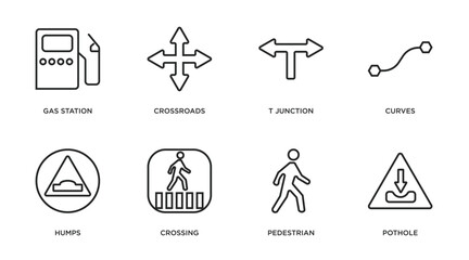 traffic signs outline icons set. thin line icons such as gas station, crossroads, t junction, curves, humps, crossing, pedestrian, pothole vector.