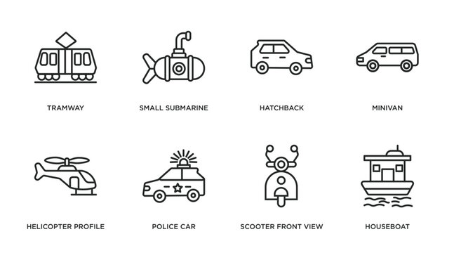 transportation outline icons set. thin line icons such as tramway, small submarine, hatchback, minivan, helicopter profile, police car, scooter front view, houseboat vector.