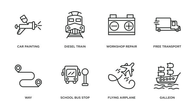 transport outline icons set. thin line icons such as car painting, diesel train, workshop repair, free transport, way, school bus stop, flying airplane, galleon vector.