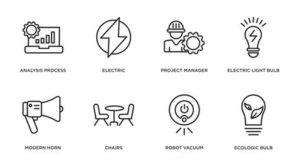 technology outline icons set. thin line icons such as analysis process, electric, project manager, electric light bulb, modern horn, chairs, robot vacuum, ecologic bulb vector.