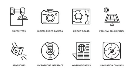 technology outline icons set. thin line icons such as 3d printers, digital photo camera, circuit board, frontal solar panel, spotlights, microphone interface, worlwide news, navigation compass