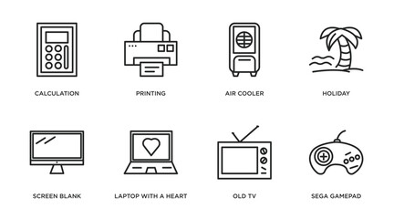 technology outline icons set. thin line icons such as calculation, printing, air cooler, holiday, screen blank, laptop with a heart, old tv, sega gamepad vector.
