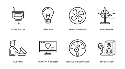 technology outline icons set. thin line icons such as power plug, led lamp, ventilating fan, wind power, customs, heart in a screen, vehicle speedometer, entertainer vector.