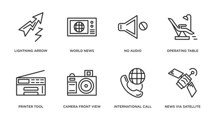 technology outline icons set. thin line icons such as lightning arrow, world news, no audio, operating table, printer tool, camera front view, international call, news via satellite vector.