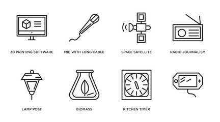 technology outline icons set. thin line icons such as 3d printing software, mic with long cable, space satellite, radio journalism, lamp post, biomass, kitchen timer, vector.