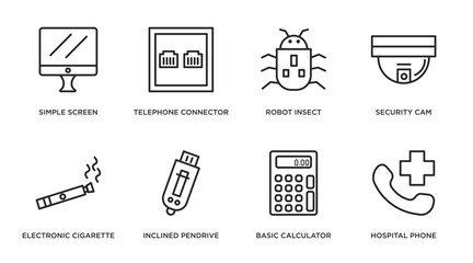 technology outline icons set. thin line icons such as simple screen, telephone connector, robot insect, security cam, electronic cigarette, inclined pendrive, basic calculator, hospital phone