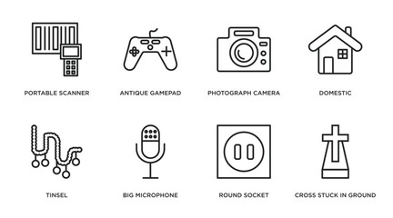 technology outline icons set. thin line icons such as portable scanner, antique gamepad, photograph camera, domestic, tinsel, big microphone, round socket, cross stuck in ground vector.