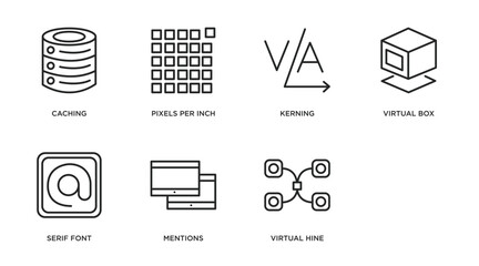 technology outline icons set. thin line icons such as caching, pixels per inch, kerning, virtual box, serif font, mentions, virtual hine, data modelling vector.