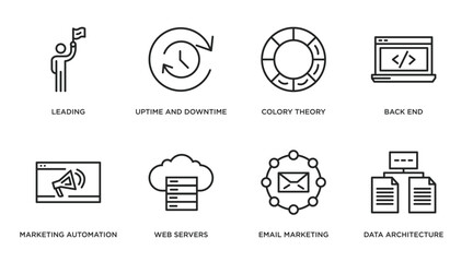 technology outline icons set. thin line icons such as leading, uptime and downtime, colory theory, back end, marketing automation, web servers, email marketing, data architecture vector. - obrazy, fototapety, plakaty