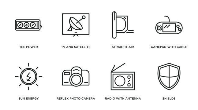 technology outline icons set. thin line icons such as tee power, tv and satellite, straight air, gamepad with cable, sun energy, reflex photo camera, radio with antenna, shields vector.