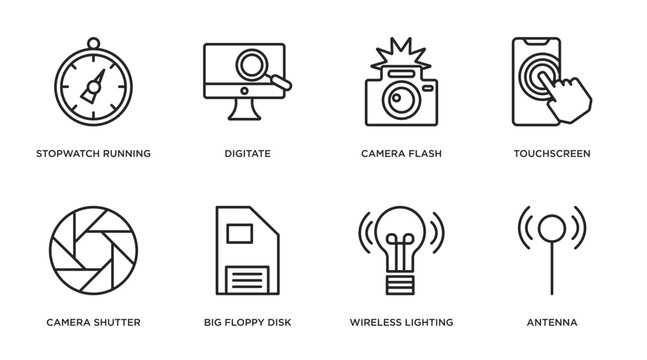 technology outline icons set. thin line icons such as stopwatch running, digitate, camera flash, touchscreen, camera shutter, big floppy disk, wireless lighting, antenna vector.