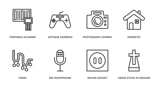 technology outline icons set. thin line icons such as portable scanner, antique gamepad, photograph camera, domestic, tinsel, big microphone, round socket, cross stuck in ground vector.