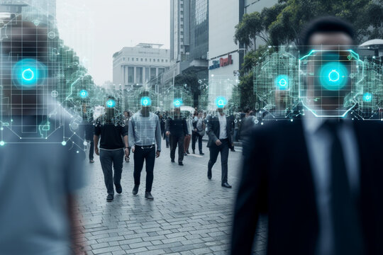 Walking business people are tracked with CCTV AI facial recognition technology