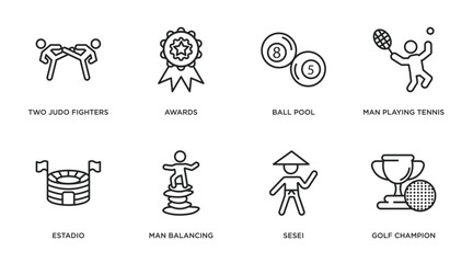 sports outline icons set. thin line icons such as two judo fighters, awards, ball pool, man playing tennis, estadio, man balancing, sesei, golf champion vector.
