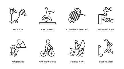 sports outline icons set. thin line icons such as ski poles, cartwheel, climbing with rope, swimming jump, adventure, man riding bike, fishing man, golf player vector.