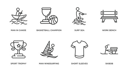sports outline icons set. thin line icons such as man in canoe, basketball champion, surf sea, work bench, sport trophy, man windsurfing, short sleeves, skibob vector.
