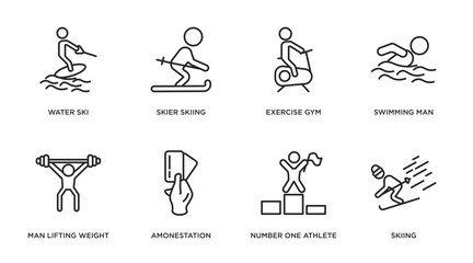 Fototapeta premium sports outline icons set. thin line icons such as water ski, skier skiing, exercise gym, swimming man, man lifting weight, amonestation, number one athlete, skiing vector.