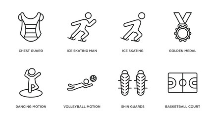 sports outline icons set. thin line icons such as chest guard, ice skating man, ice skating, golden medal, dancing motion, volleyball motion, shin guards, basketball court vector.