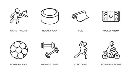 sports outline icons set. thin line icons such as waiter falling, hockey puck, foil, hockey arena, football ball, weighted bars, stretching, motorbike riding vector.