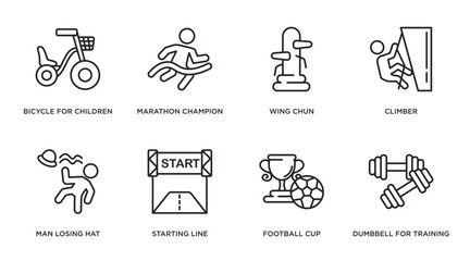Fototapeta premium sports outline icons set. thin line icons such as bicycle for children, marathon champion, wing chun, climber, man losing hat, starting line, football cup, dumbbell for training vector.
