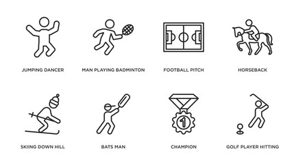 sports outline icons set. thin line icons such as jumping dancer, man playing badminton, football pitch, horseback, skiing down hill, bats man, champion, golf player hitting vector.