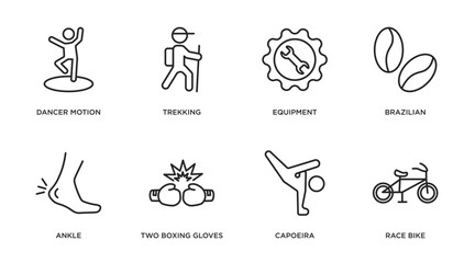 Obraz na płótnie Canvas sports outline icons set. thin line icons such as dancer motion, trekking, equipment, brazilian, ankle, two boxing gloves, capoeira, race bike vector.