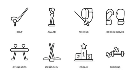 sport outline icons set. thin line icons such as golf, award, fencing, boxing gloves, gymnastics, ice hockey, podium, training vector.
