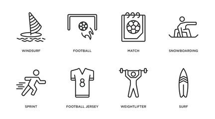 sport outline icons set. thin line icons such as windsurf, football, match, snowboarding, sprint, football jersey, weightlifter, surf vector.