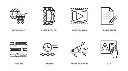 social media marketing outline icons set. thin line icons such as ecommerce, letter color, video player, suggestion, options, timeline, announcement, ads vector.