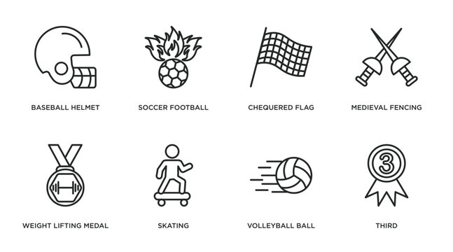 sports outline icons set. thin line icons such as baseball helmet, soccer football ball, chequered flag, medieval fencing, weight lifting medal, skating, volleyball ball, third vector.