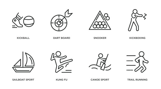 sport outline icons set. thin line icons such as kickball, dart board, snooker, kickboxing, sailboat sport, kung fu, canoe sport, trail running vector.