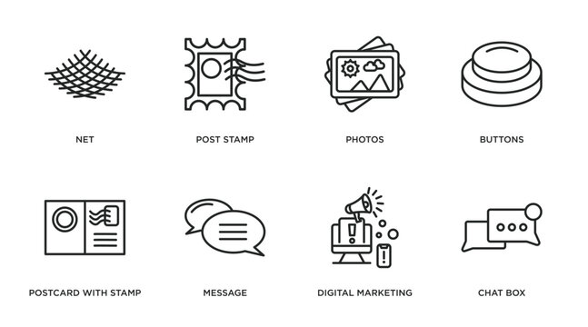 social media marketing outline icons set. thin line icons such as net, post stamp, photos, buttons, postcard with stamp, message, digital marketing, chat box vector.