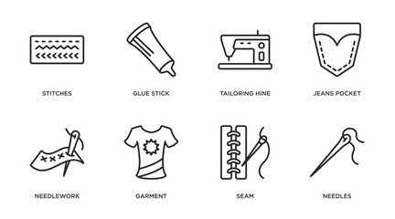 sew collection. thin outline icons set. thin line icons such as stitches, glue stick, tailoring hine, jeans pocket, needlework, garment, seam, needles vector.