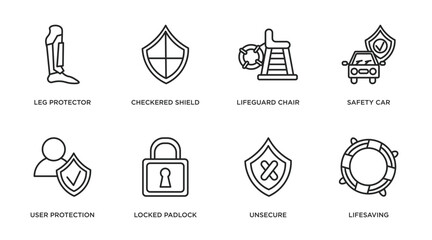 security outline icons set. thin line icons such as leg protector, checkered shield, lifeguard chair, safety car, user protection, locked padlock, unsecure, lifesaving vector.