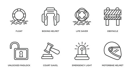 security outline icons set. thin line icons such as float, boxing helmet, life saver, obstacle, unlocked padlock, court gavel, emergency light, motorbike helmet vector.