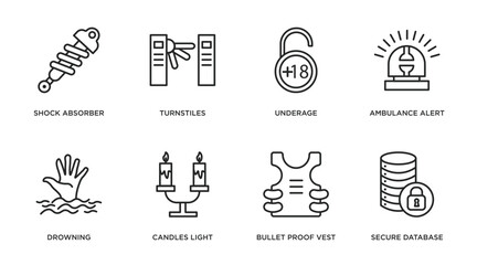 security outline icons set. thin line icons such as shock absorber, turnstiles, underage, ambulance alert, drowning, candles light, bullet proof vest, secure database vector.