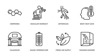 sauna outline icons set. thin line icons such as hormones, vascular workout, arterioles, body heat gain, caldarium, sauna temperature, fresh air supply, dousing shower vector.