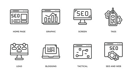 search engine optimization outline icons set. thin line icons such as home page, graphic, screen, tags, lead, blogging, tactical, seo and web vector.