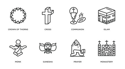 religion outline icons set. thin line icons such as crown of thorns, cross, communion, islam, monk, ganesha, prayer, monastery vector.