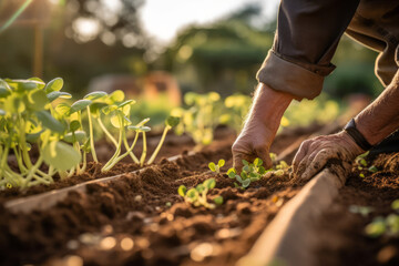 Regenerative Farming, sunlight fields, sustainable crops,  farmer tending crops. Generative AI.